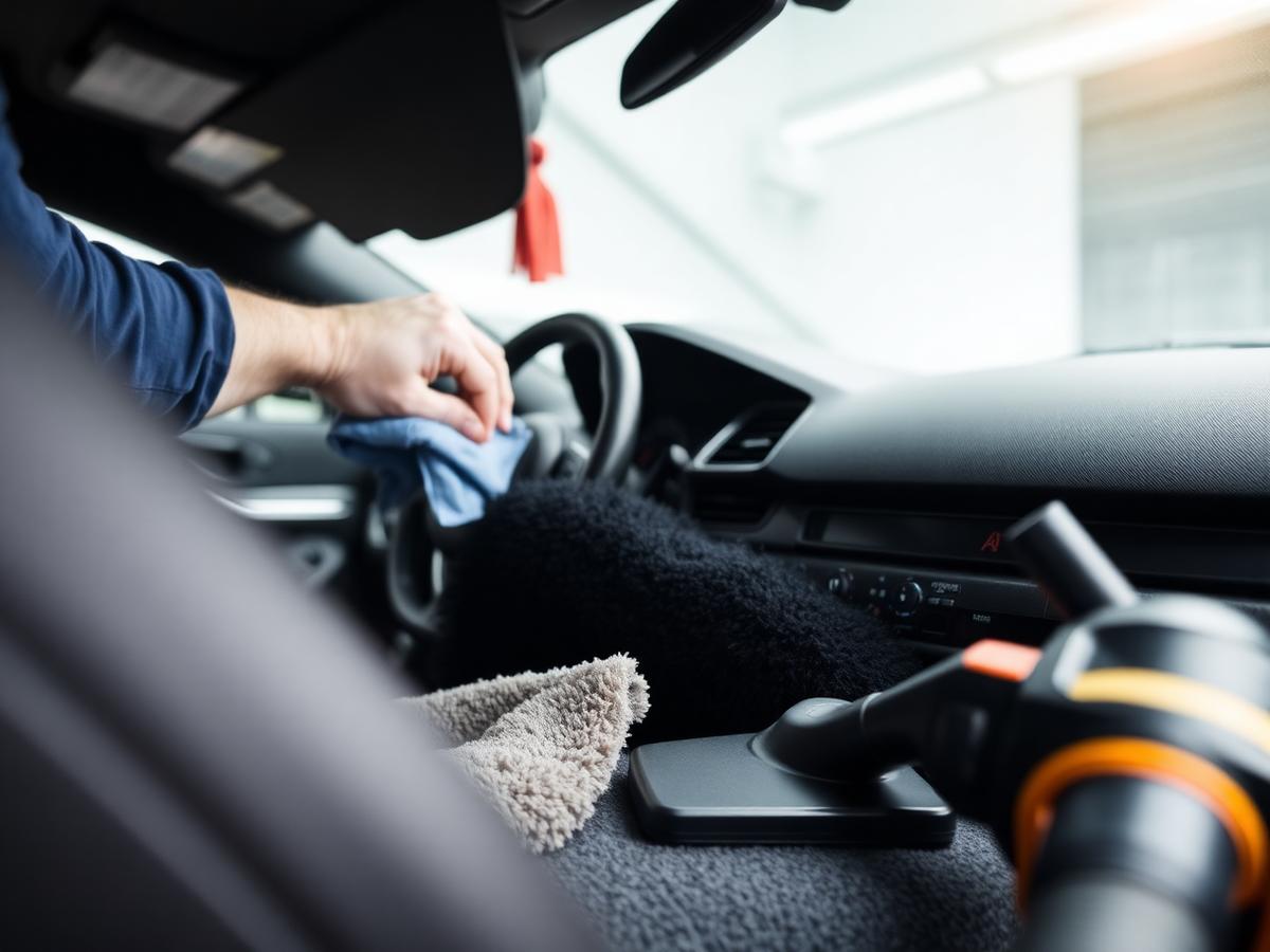 Detailer cleaning car interior dashboard with microfiber and vacuum